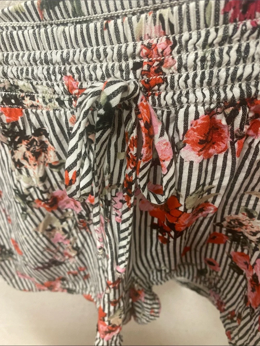 Joe B Black & White Striped High-Waist Shorts with Pink & Red Floral Print